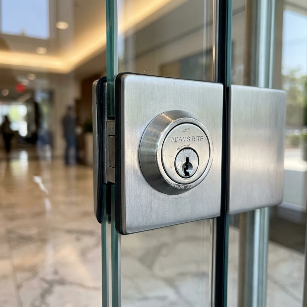 Close-up of a glass door lock mechanism