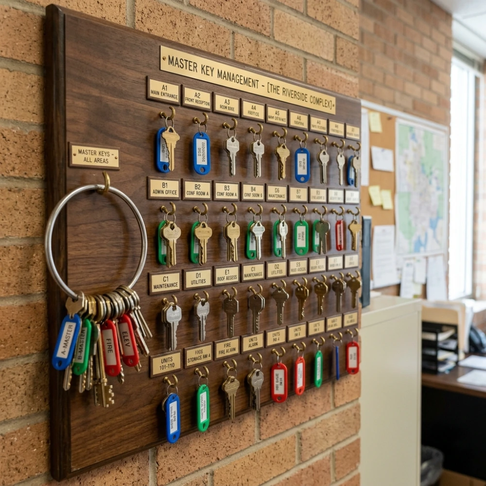 Set of labeled master keys organized on a key ring
