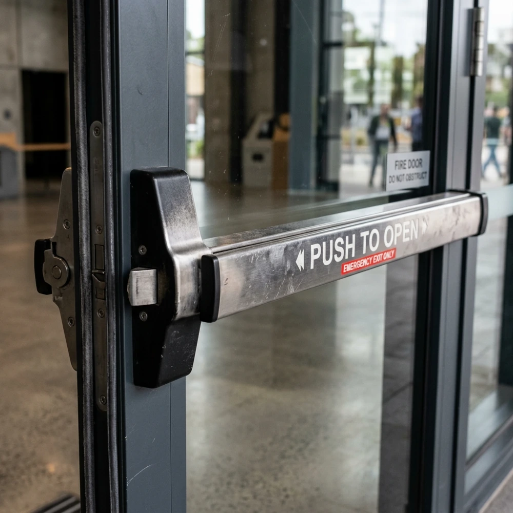 Push-bar exit device installed on a commercial door