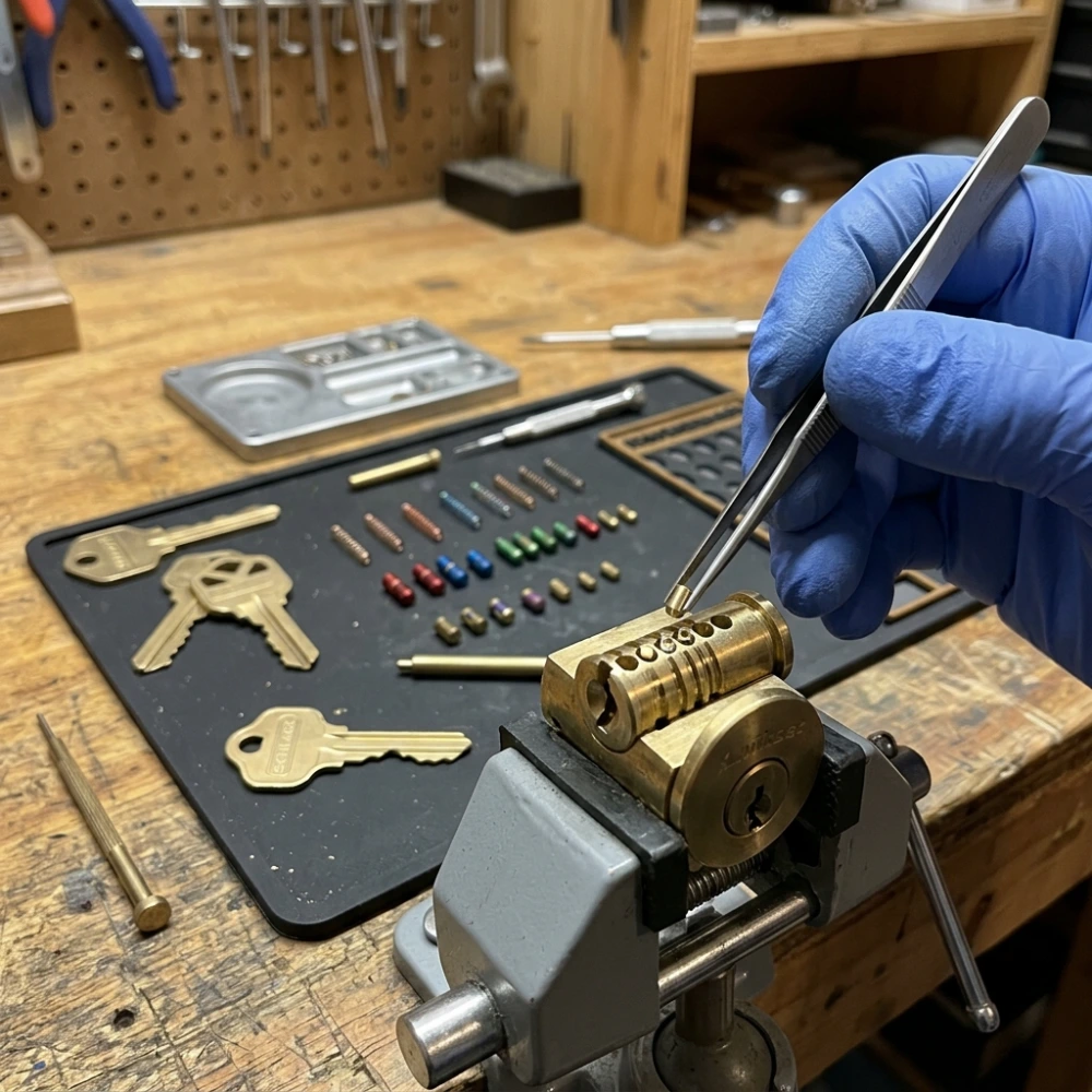 Locksmith rekeying a lock cylinder with a professional tool