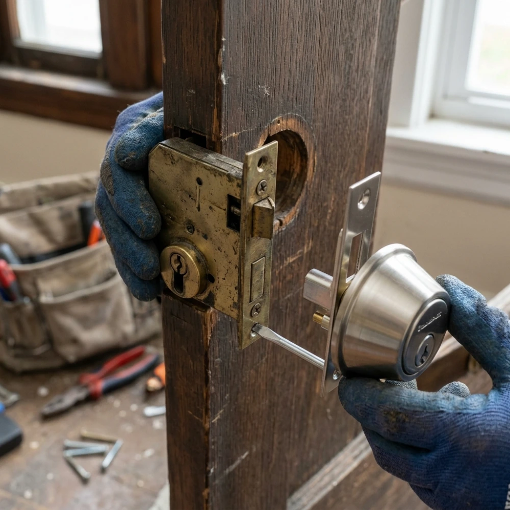 Locksmith replacing an old worn door lock