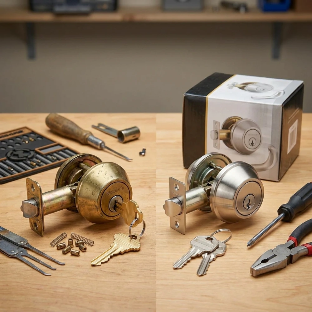 Two locks and keys showing the difference between rekeying and replacing a lock