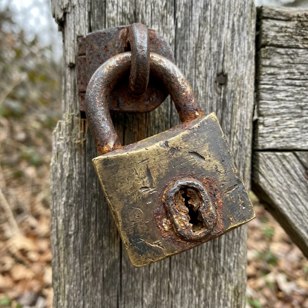 Close-up of a worn and rusted old door lock